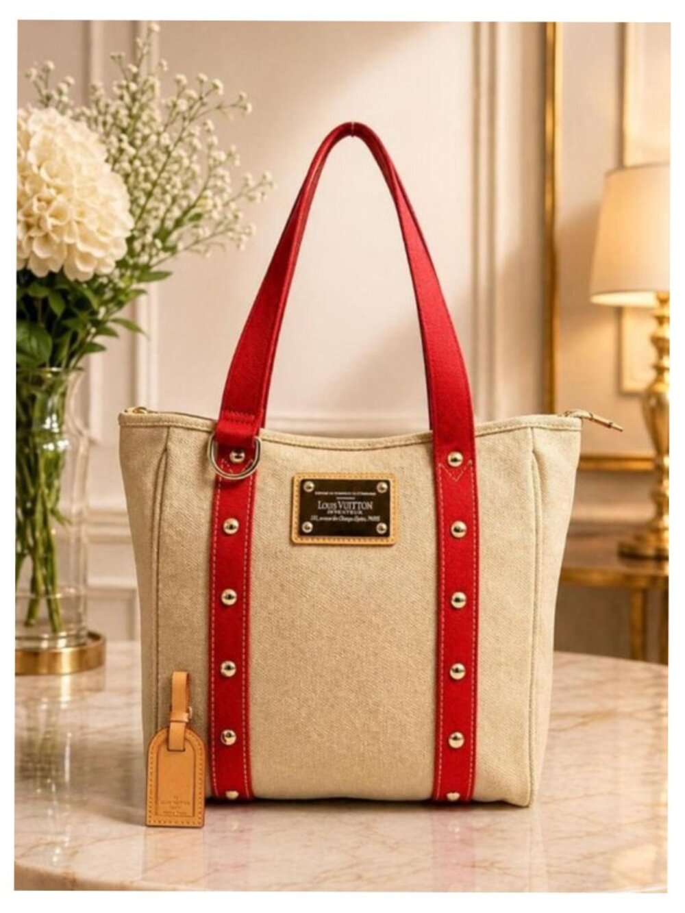 Authentic Louis Vuitton Antigua Cabas MM Red Canvas Tote Bag